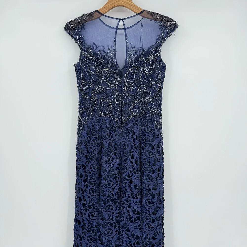 Mac Duggal Stunning Mesh Princess Beaded Lace Midnight Mermaid Maxi Gown Size 8